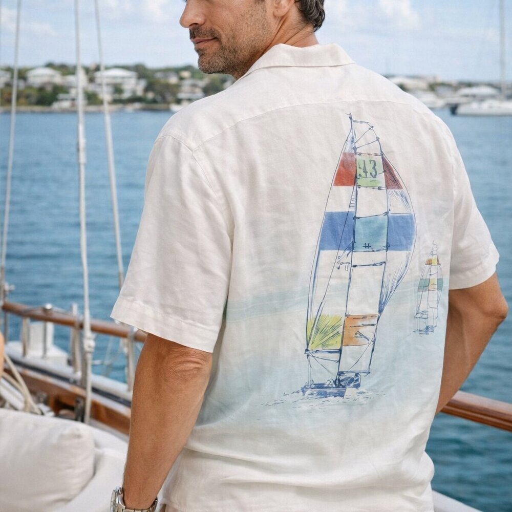 Tommy Bahama Shirt Mens White Linen Silk Collectors Edition Sailboat Art